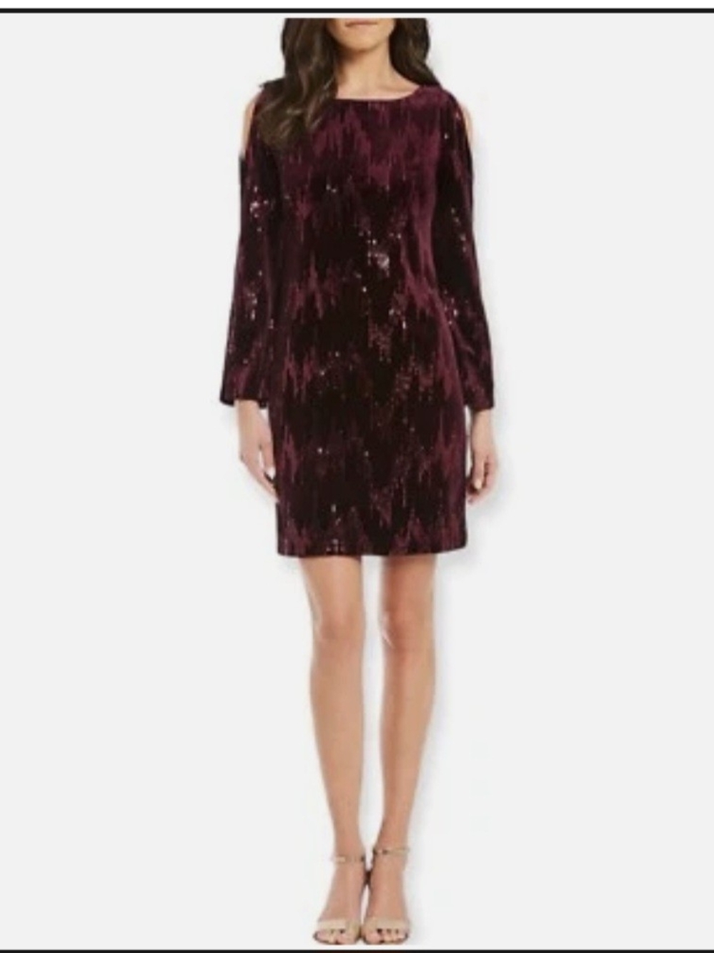 Jessica Howard Burgundy Velvet Sequin Cold-Shoulder Mini Dress